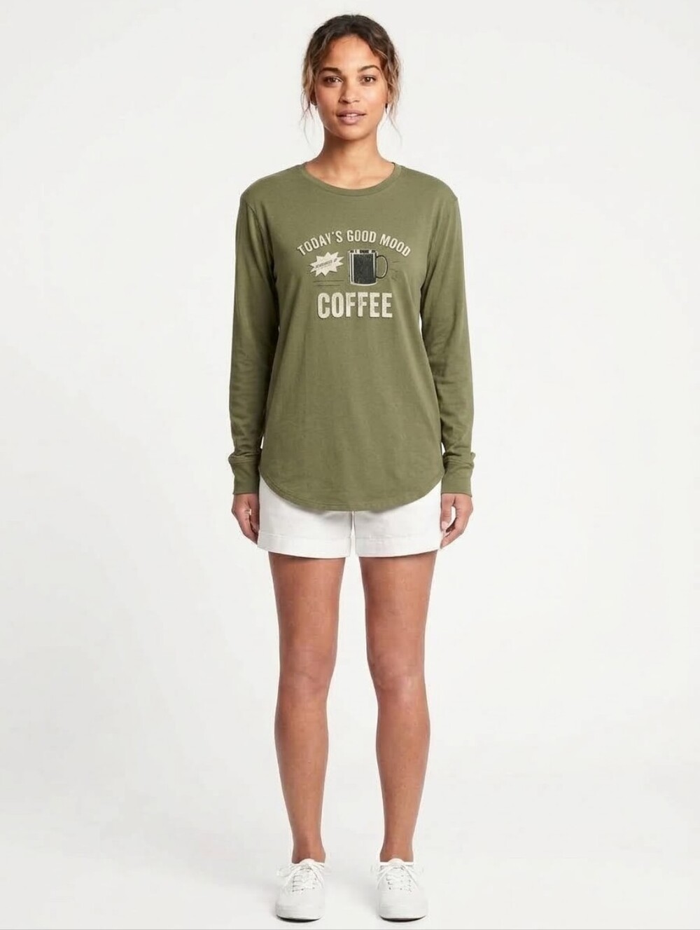 Women's Olive Green 'Today's Good Mood Coffee' Long Sleeve Tee XS-3XL